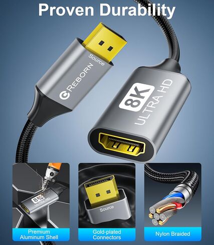 Reborn DisplayPort 1.4 إلى HDMI 2.1 محول 8K@60Hz/4K@120Hz أحادي الاتجاه DP ذكر إلى محول منفذ محول أنثى HDMI لجهاز الكمبيوتر RTX/AMD - غير متوافق PS5 in Kuwait