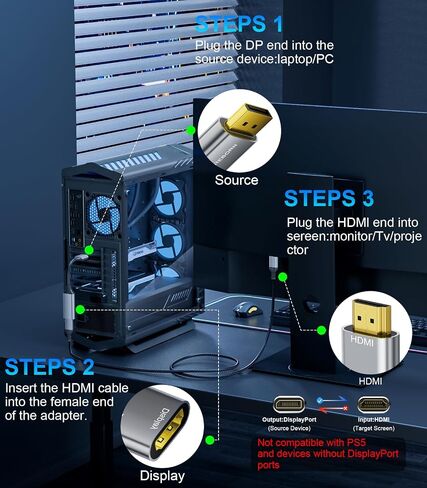 Reborn DisplayPort 1.4 إلى HDMI 2.1 محول 8K@60Hz/4K@120Hz أحادي الاتجاه DP ذكر إلى محول منفذ محول أنثى HDMI لجهاز الكمبيوتر RTX/AMD - غير متوافق PS5 in Kuwait