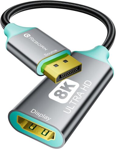 Reborn DisplayPort 1.4 إلى HDMI 2.1 محول 8K@60Hz/4K@120Hz أحادي الاتجاه DP ذكر إلى محول منفذ محول أنثى HDMI لجهاز الكمبيوتر RTX/AMD - غير متوافق PS5 in Kuwait