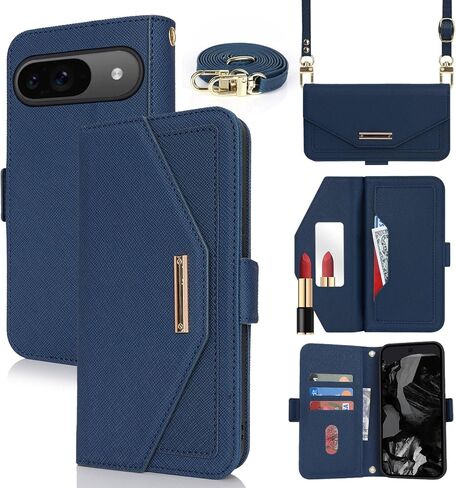 Jaorty Crossbody Wallet for Google Pixel 9/9 Pro Case with Long Shoulder Strap,Credit Card Holder 6.3",PU Leather Handbag Purse Kickstand Make Up Mirror Cover Case for Women Girls,Blue in Kuwait