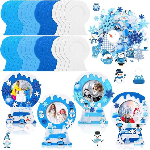 Ferraycle 232 Pieces Winter DIY Picture Frames Craft Kit 32 Pieces Snow Photo Frames with 200 Stickers to Decorate for Xmas Winter Party Favor Classroom Home(Elegant Color,Fresh Style) in Kuwait