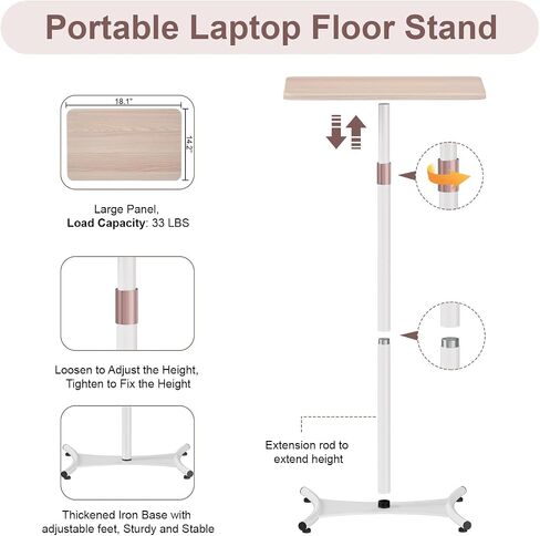 Snughome Portable Laptop Floor Stand, Wood Standing Laptop Table, Height Adjustment 18"-47" Small Standing Desk, Bedside Sofa Table Projector Stand Adjustable Computer Desk for Home Office in Saudi Arabia