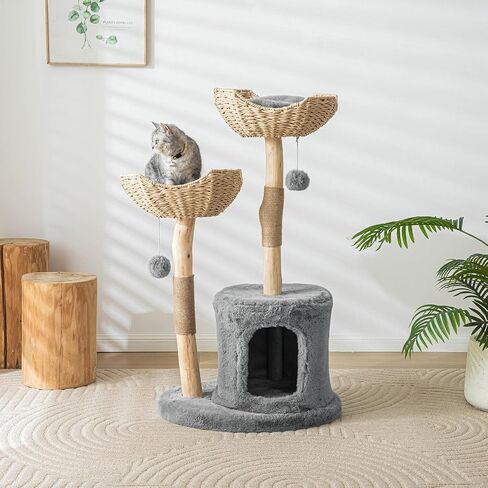 Modern Cat Tree for Indoor Cats Large Adult 46" Tall,Wooden Cat Tower for Large Cats with Scratching Post,Luxury Cat Condo, White. in Saudi Arabia