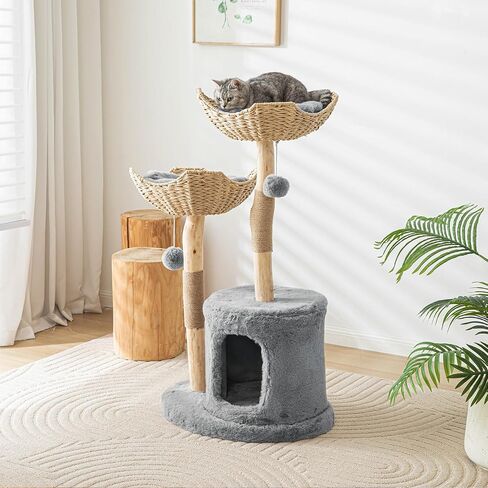 Modern Cat Tree for Indoor Cats Large Adult 46" Tall,Wooden Cat Tower for Large Cats with Scratching Post,Luxury Cat Condo, White. in Saudi Arabia