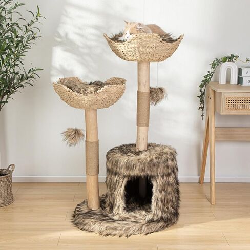 Modern Cat Tree for Indoor Cats Large Adult 46" Tall,Wooden Cat Tower for Large Cats with Scratching Post,Luxury Cat Condo, White. in Saudi Arabia