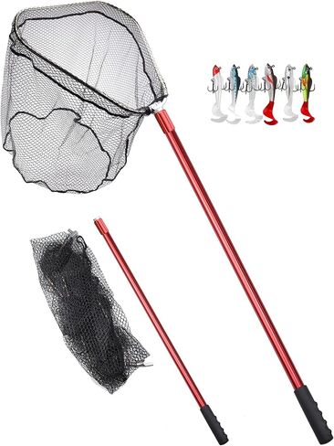 Extra Large Fishing Net Saltwater Fishing Net Long Handle Rubber Landing Net Telescoping Handle Heavy Duty Aluminum Fishing Nets with 6pcs Soft Swimbait, Extends to 61-94in, Net Hoop 20x21in in Saudi Arabia