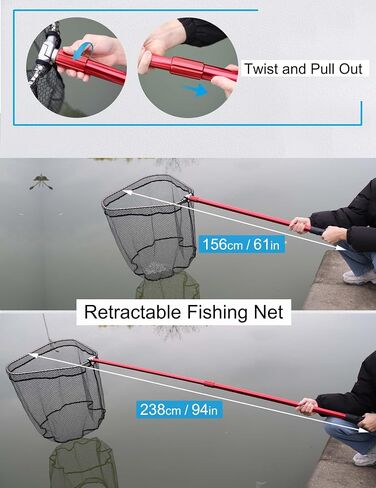Extra Large Fishing Net Saltwater Fishing Net Long Handle Rubber Landing Net Telescoping Handle Heavy Duty Aluminum Fishing Nets with 6pcs Soft Swimbait, Extends to 61-94in, Net Hoop 20x21in in Saudi Arabia
