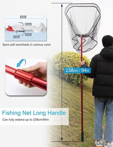 Extra Large Fishing Net Saltwater Fishing Net Long Handle Rubber Landing Net Telescoping Handle Heavy Duty Aluminum Fishing Nets with 6pcs Soft Swimbait, Extends to 61-94in, Net Hoop 20x21in in Saudi Arabia