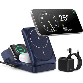 3-in-1 Wireless Charger Charging Station for iPhone, Qi2 Certified 15W Fast Charging Foldable Magnetic Charger Stand with 30W USB C Adapter for MagSafe iPhone 16/15/14/13/12, Apple Watch, AirPods