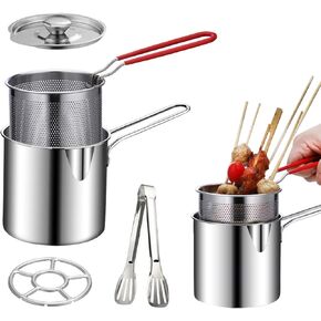Deep Fryer Pot Set, Small Deep Fryer Pot with Basket and Lid, Kitchen Cooking Oil Container, Bacon Grease Saver, 304 Stainless Steel Deep Frying Pot for French Fries, Chicken