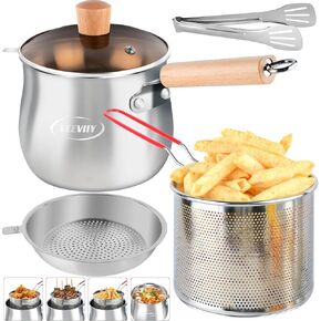 Deep Fryer Pot with Basket Wooden Handle, Multifunctional 304 Stainless Steel Oil Strainer Pot, Bacon Grease Saver Thick Container for Kitchen 2.5L