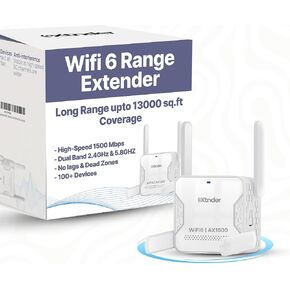 2025 AX1500 Wifi 6 Extender Signal Booster – 13,000 Sq.Ft Coverage, Dual-Band 5.8GHZ & 2.4GHZ | 1500mbps Speed Long Range Wi Fi Extender with Ethernet Port & Cable | 100+ Devices | No Lag & Dead Zone