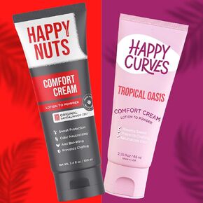 HAPPY NUTS & HAPPY CURVES Comfort Cream His (3.4 oz) and Hers (2.25 oz) Set - Anti-Chafing Sweat Defense, Odor Control, Aluminum-Free Mens Deodorant & Hygiene Product