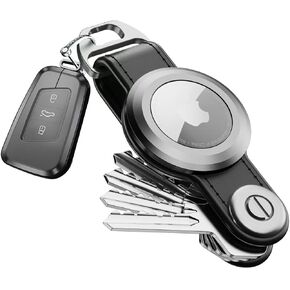 Compact Key Holder For Airtag - Key Organizer And Case For Apple Airtag | key organizer Holder | Includes Keyring Key Chain To Attach Car Key Fob - Airtag Holder Leather Keychain Gift For Men(BLACK)