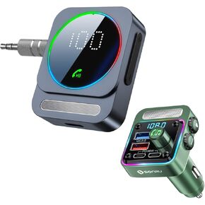 Bluetooth aux adapter,Car Charger 54W [PD 36W & QC3.0 18W], Wireless FM Radio Transmitter [HiFi Treble & Bass Player], 5 Colors LED Backlit, Hands-Free Calling, U-Disk,Wireless Audio Receiver fo