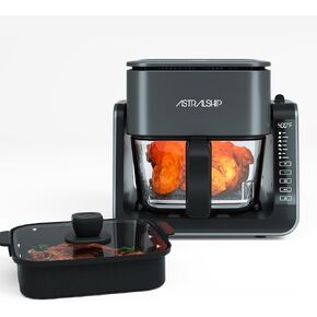 2-in-1 Glass Air Fryer & Grill Pan Combo for kitchen, 7 Presets, Glass Container with Lid, Healthy Cooking, 4.2 QT+1.3 QT Capacity, Non-Stick, non toxic, Multi-Function for Frying, Griddle & Baking