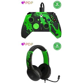 Bundle of PDP Gaming REMATCH GLOW Enhanced Wired Gaming Controller Xbox Series X|S, Xbox One, Windows PC, Mappable Back Buttons + PDP AIRLITE GLOW Wired Headset - Jolt Green (Glow in the Dark)