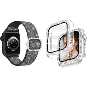 Bling Stretchy Nylon Band Bling Case with HD Screen Protector Women Compatible with Apple Watch 40mm Diamond Protective Face Cover PC Frame Protector for iWatch Series 4/5/6/SE Clear