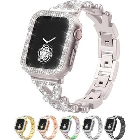 Diamond Strap Compatible with Apple Watch 38/40/41/42/44/45/46/49mm, with Screen Protector Case, Jewelry Bracelet Metal Strap, with Shiny Case Cover, Suitable for iWatch Series SE 10-1