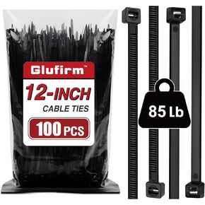 Zip Ties 12 inch (100 Pack), Black Cable Ties, 85 lb, Delivering 1.7X Tensile Strength in the Same Specs, Heavy Duty Wire Ties, Glufirm
