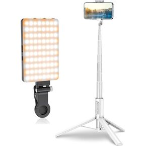 TONEOF 67" Cell Phone Tripod (White) Bundle with 80 LED Selfie Light Black with Clip for Live Streaming/Recording Video/Makeup, Compatible with 4-7" Phones