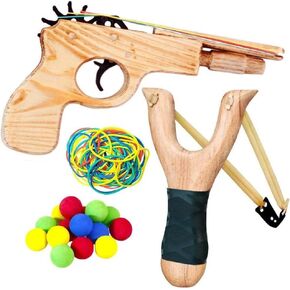Wooden Rubber Band Gun and Sling Shot Wooden Toy Gun Wooden Slingshot with 100 Colorful Rubber Bands and 20 EVA Balls