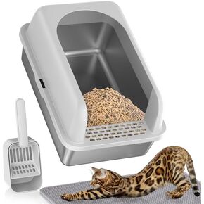 صندوق القمامة القطط من الفولاذ المقاوم للصدأ ، 24 '' XL extra cat stitter box مع غطاء ، صندوق فضلات معدنية لقطط متعددة ، مضاد للتسرب ، غير لاصقة ، سهلة التنظيف ، شملت حصيرة القمامة القط ، مغرفة