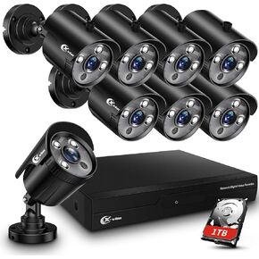 XVIM 8CH Wired Security Camera System with 64G SD Card, Mini 8PCS Surveillance Camera System Outdoor, Night Vision, Remote Access, Waterproof
