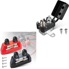RED WOLF 2PCs 3/8" M10 Small Dual Stud Bus Bar 12-48 V Power Distribution Block w/(50A 1PCS) DC 6V-50V Automatic Reset Circuit Breaker