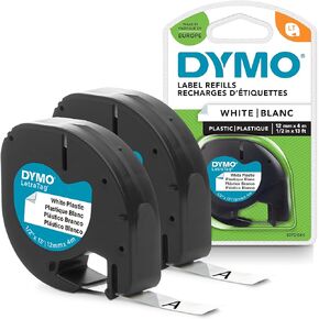 DYMO LetraTag Plastic Labels | Authentic | 12 mm x 4 m Roll | Black Print on White Labels | Self-Adhesive Multipurpose Labels for LetraTag Label Makers | 2 Count