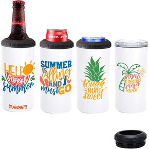 4 Pcs 16 oz Sublimation Blank Tumblers Skinny 4 in 1 Can Cooler with 2 Lid Stainless Steel Double Wall Insulated Beer Bottles Coolers Slim Can Holder for Drinks