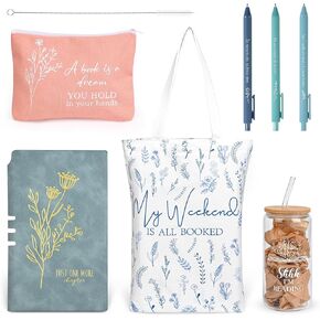 Book Lovers Gifts for Reader Include 16 oz Glass Cup Exquisite Canvas Bag Makeup Bag Journal Notebook with 3 Ballpoint Pen Bookish Gifts Librarian Appreciation Gifts for Teacher Author Student