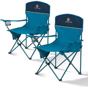 ALPHA CAMP Folding Camping Chairs for Adults Lawn Chairs Outdoor Chairs Support 225 LBS Portable Camp Chairs with Cup Holders Cooler Pouch for Outdoor, 2 Pack (Black)