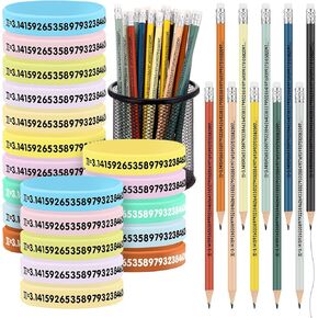Roowest 40 Pcs Pi Day Math Award Gift 20 Colorful Pencil Black Ink with Wristbands 3.14 Fun Symbol Rubber Bracelet for Science Irrational Number of Pi Prize Decorations for Party