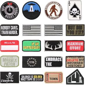 Morale Patches | Funny Military Hook & Loop Embroidered Patches for Backpacks, Collar and Vests (20-Pack)
