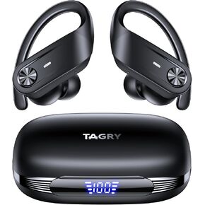 TAGRY Bluetooth Headphones Wireless Earbuds 80Hrs Playtime IPX7 Waterproof Digital Display Sport Ear Buds with Earhook Mic in-Ear Earphones Stereo Sound Earbud for Workout Running Exercise Gym Black