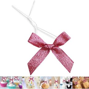 50 Pack 3" Metallic Silver Ribbon Twist Tie Bows, Twist Bows for Treats, Bows with Twist Ties Gift Wrap Bows, Pretied Bows for Cake Pops, Baby Shower, Sweets Packaging, Party Favors, Gifts