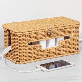 Handmade Cable Management Box,Handwoven Imitation Rattan Cord Hider Organizer With Lid,4 Open Slots Cords Hider Box,for TV Wires, Computer, Router, USB Hub and Under Desk Power Strip
