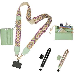 Clip and Go Strap for Phone with Wallet Crossbody,Phone Strap with Zippered Pouch,Adjustable Chain Lanyard with Leather Wallet for All Phones (Green)