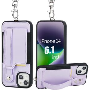 TOOVREN Phone Cover for iPhone 14 Wallet Case with Card Holder PU Leather fits iPhone 14 Case Wallet with Stand Detachable Phone Lanyard Neck Strap Case for Women & Men 6.1-Inch Purple