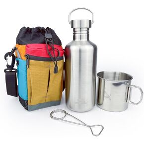 Canteen 42oz Single Wall Water Bottle with Insulated Carrier and 24oz Nested Camping Cup, Bushcraft Gear, Wide Mouth, Survival Gear, Boiler, Self Reliance, 304 Stainless Steel, Water-resistant