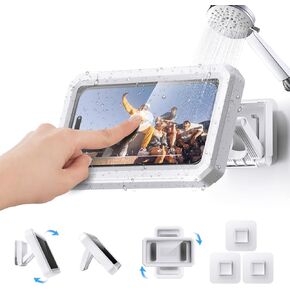 Shower Phone Holder Waterproof, 360° Rotation HD Anti-Fog Phone Stand Case, Bathroom Cell Phone Holder Wall Mount with Back-Adhesive for Phones Bathroom Batheub Mirror Kitchen Up to 6.7"