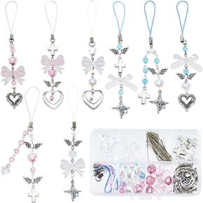 SUNNYCLUE 1 Box 154Pcs DIY 8 Sets Phone Charm Making Kit Cute Bowknot Bow Knot Wing Heart Beads Phone Charms Phone Keychain Charm Cell Phone Charm for Women Adult Keychains Phone Case Bag Camera Decor