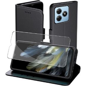 بالنسبة إلى Blackview Wave 8/Wave 8C/Oscal Flat 2 Wallet Case with Screen Protector Pridged Glass ، مع فتحات بطاقة حامل الائتمان ، غطاء هاتف واقعي مغناطيسي للموجة 8 - أسود