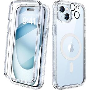 Diaclara Designed for iPhone 15 Plus Case 6.7'', [Compatible with MagSafe] Full Body Rugged Magnetic Case w/Built-in Screen Protector+Glass Camera Lens Protector,Clear Glitter-Magnetic