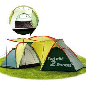 MEREZA Camping Tent 4 Person Waterproof Tents for Camping with 2 Separate Side Rooms Large Family Camping Tent with Porch Weatherproof Long Term Outdoor Tent with Carry Bag
