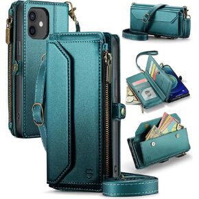 Crossbody Wallet Case Compatible with iPhone 12 / iPhone 12 Pro RFID Blocking 7-Card Holder PU Leather Magnetic Snap Shoulder Strap Zipper Pocket Phone Case Fit for iPhone 12 Pro - Rose Gold