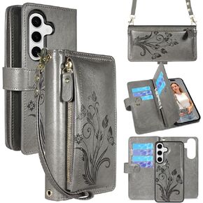 Lacass for Samsung Galaxy S25+ Plus Detachable Crossbody Wallet Case, Compatible with Wireless Charging, [Cards Theft Scan Protection], Magnetic Case Stand PU Leather Zipper(Floral Cyan Green)