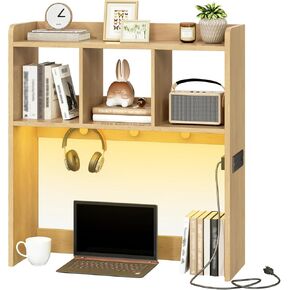 HOOBRO Desktop Bookshelf, Office Desktop Shelf, Desk Hutch with Outlets, Wooden Office Desktop Bookcase, Desktop Organizer Shelf with LED Light Strip and 3 Hooks, for Home, Study, White WT12UDSJ01