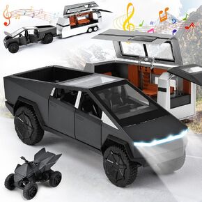 Cybertruck Toy with RV & Motorcycle, 3-in-1 Alloy Diecast Pull-Back Cyber Truck RC Car Toys, RC Pickup Truck Trailer with Sound and Light, Ideal Gift for Boys Kids Age for 3 Year and Up